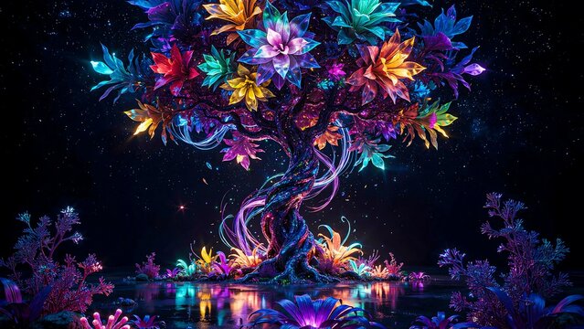 Title:
Magical glowing fantasy tree with colorful flowers beside reflective water at night illustration