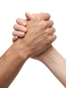 Two people holding hands in a handshake on a transparent background