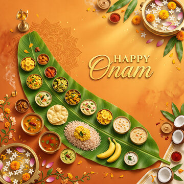 Happy Onam festival celebration Traditional south indian festive feast served on a fresh banana leaf with floral decorations with surrounded marigold flowers flowers coconut halves
