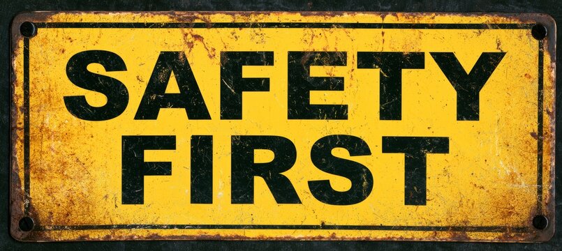 Safety first word text sign in grunge yellow style. Workplace awareness and prevention. Generative AI technology.	
