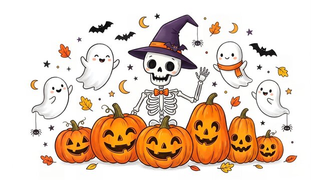 Cute skeleton with pumpkins and ghosts for halloween isolated on white background