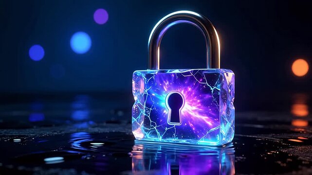 Futuristic transparent padlock with nebula glow
