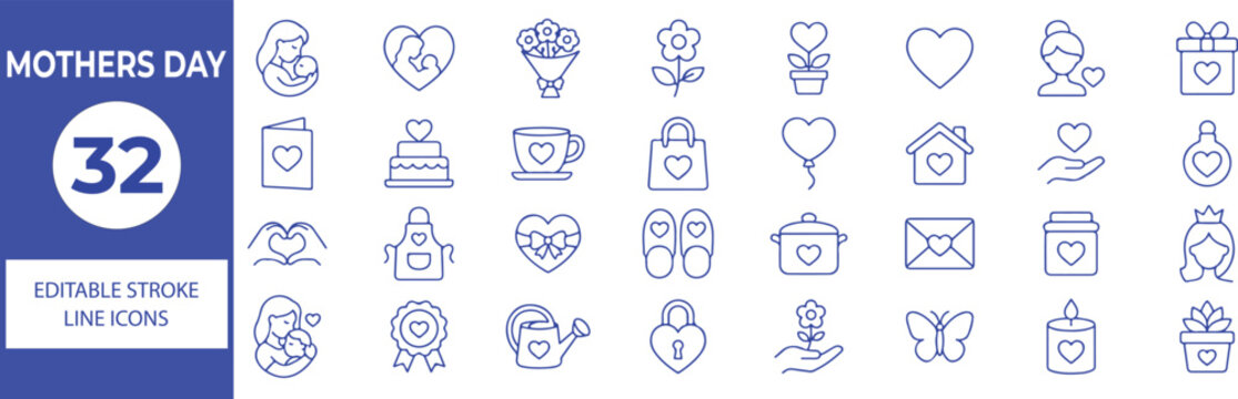 32 Mother's Day Vector Outline Icons Set,Mom, Love, Flowers, Gift, Family and Celebration Line Symbols Collection
