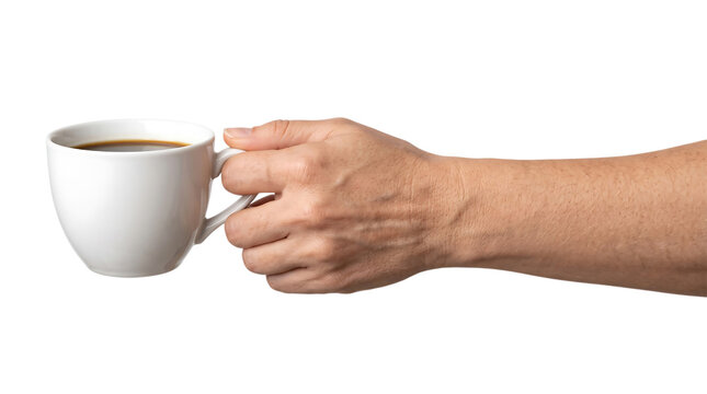 Hand holding a white cup with coffee on a transparent background