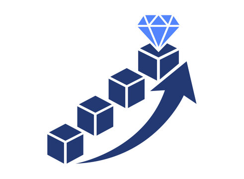 Abstract business graphic showing a rising arrow with stacked cubes and a diamond icon representing growth success
