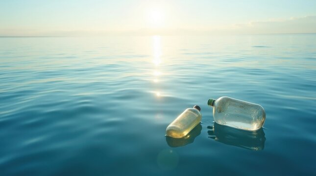 Botellas de pl&aacute;stico flotando en la superficie de un oc&eacute;ano en calma