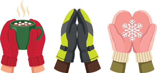 Cozy Winter Mittens and Gloves Vector Graphic Set Featuring Red Cable Knit Hands Holding Hot Cocoa, Lime Green Ski Gloves, and Pink Snowflake Mittens © Najir