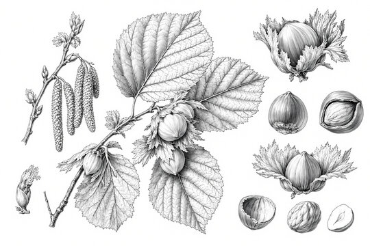 Black-and-white botanical illustration of hazelnuts on white background
