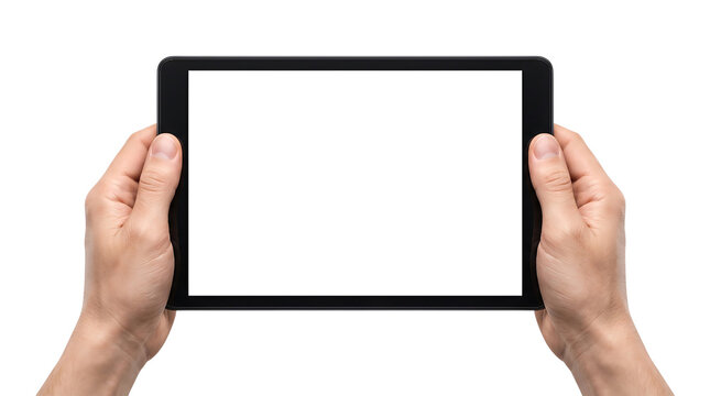 Hands holding a blank digital tablet screen on transparent background