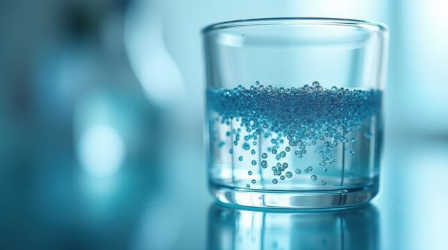 Muestra de agua transparente en un recipiente de vidrio de laboratorio que muestra capas visibles de contaminaci&oacute;n por micropl&aacute;sticos