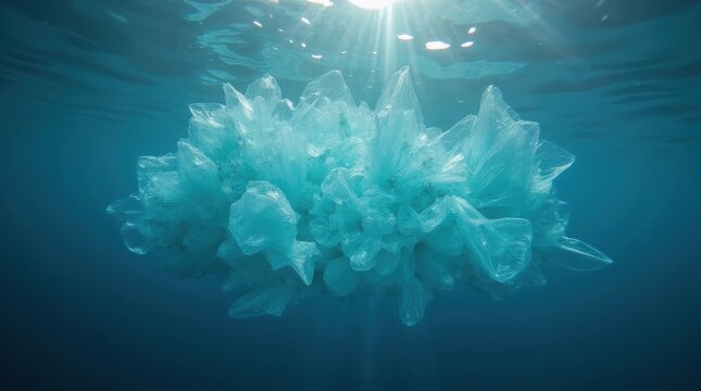 Perspectiva submarina de fragmentos de envases de pl&aacute;stico que reflejan la luz como cristales en aguas de un azul profundo