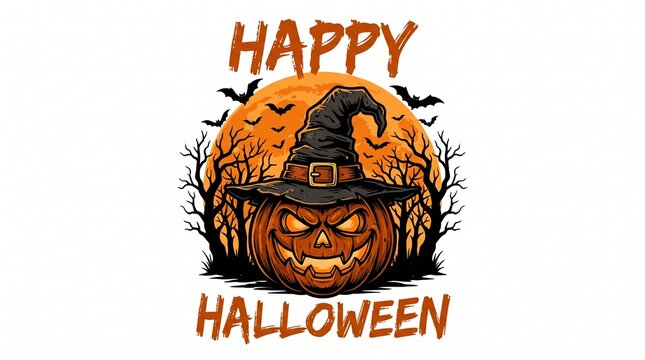 Happy Halloween vector illustration featuring a spooky carved pumpkin wearing a witch hat against a full moon, dead trees, and flying bats background.