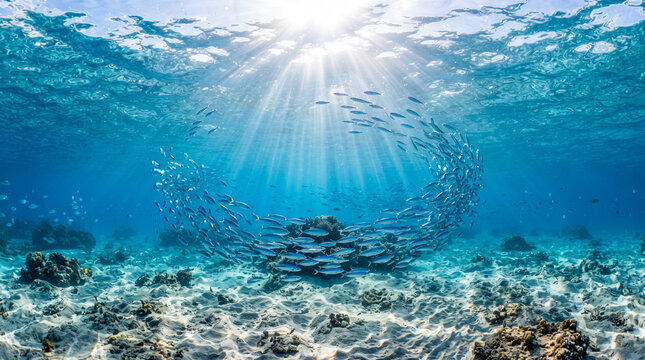 Arrecife de coral iluminado por rayos de sol bajo aguas cristalinas. Peces tropicales nadan sobre un fondo de arena, creando una escena marina serena y vibrante.