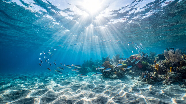 Arrecife de coral iluminado por rayos de sol bajo aguas cristalinas. Peces tropicales nadan sobre un fondo de arena, creando una escena marina serena y vibrante.