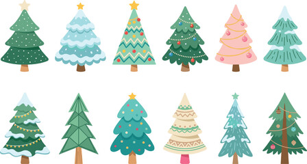 Cute Cartoon Christmas Tree Vector Icon Set Featuring Snowy Pines, Pastel Pink Fir, Geometric Evergreens, and Festive Holiday Ornament Bauble Layouts