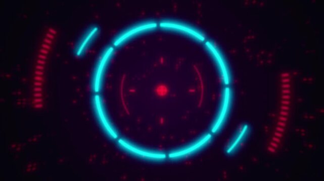Futuristic hud target reticle scope scanning with red and blue circular elements