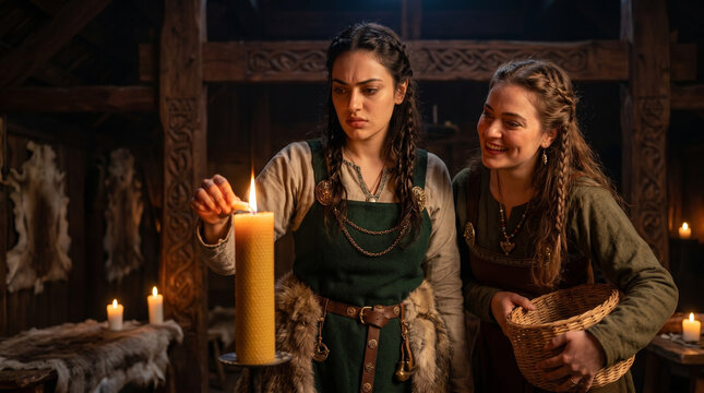 Realistic photo of two women in medieval Viking tunic dresses lighting a beeswax candle inside a rustic wooden longhouse interior