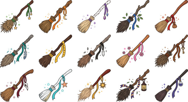 Magical Witch Broomsticks Vector Illustrations for Halloween Design