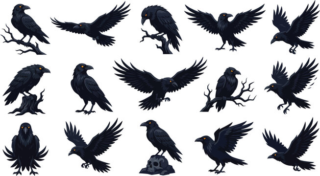 Spooky Black Crows in Various Poses for Halloween Design