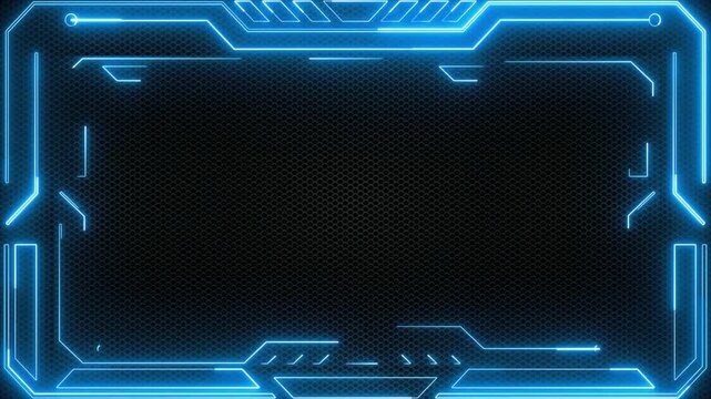 Glowing neon blue futuristic digital frame border with tech geometric pattern technology interface