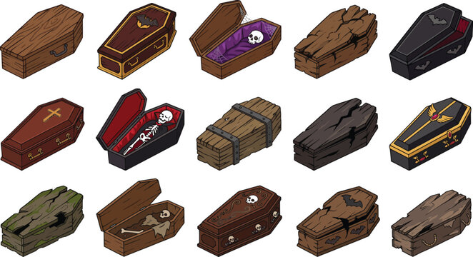 Spooky coffins and caskets for Halloween design and decoration