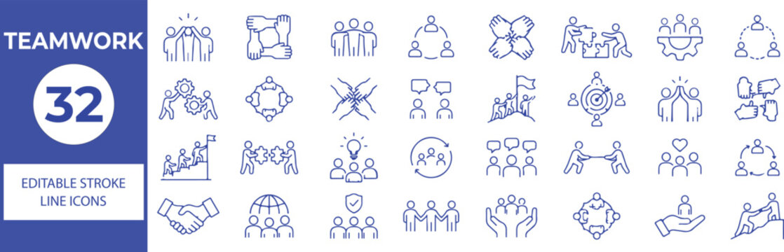 32 Teamwork Vector Outline Icons Set,Collaboration, Team Building, Partnership, Communication and Business Cooperation Line Symbols Collection