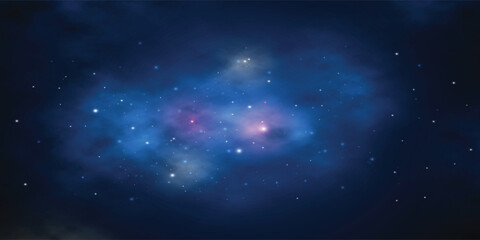 Starry night sky with realistic vector galaxy and blue nebula. Bright star light fills space and cosmos. Dark background with shiny stars and fantasy universe illustration. © gor