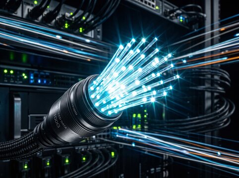Glowing blue high speed fiber optic cable bundle transferring data in data center.