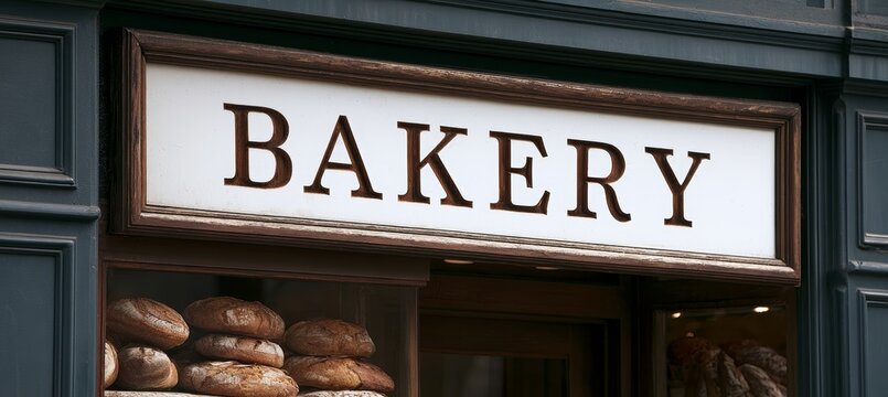 Bakery word text sign in store. Generative AI technology.	
