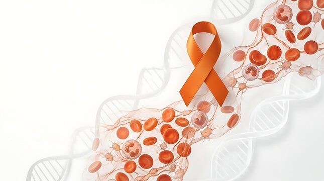 World CML Day Orange Ribbon with DNA and Blood Cells Concept