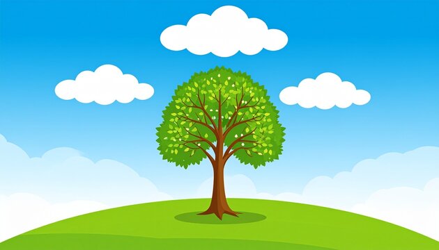 Cartoon tree on a hill with clouds in the sky.