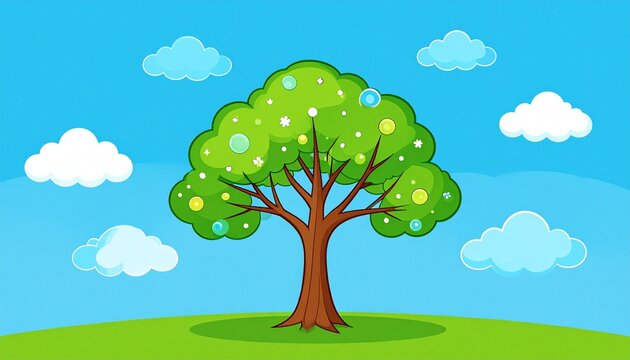 Cartoon tree with green leaves and blue sky background.