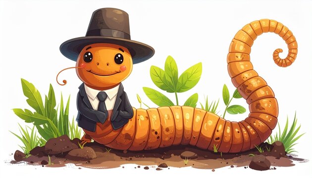 Cartoon Worm in Suit and Hat Illustration.