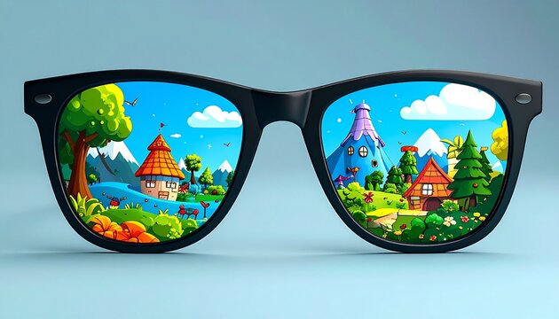 Cartoon world reflected in sunglasses, a whimsical and colorful scene.