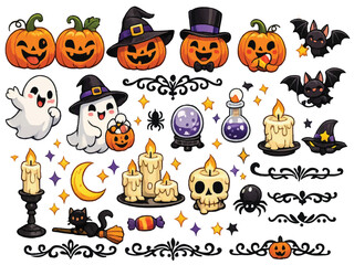 Obraz premium Web Whimsical Halloween Cartoon Vector Collection – Playful Pumpkins, Ghosts, Bats & Festive Ornaments