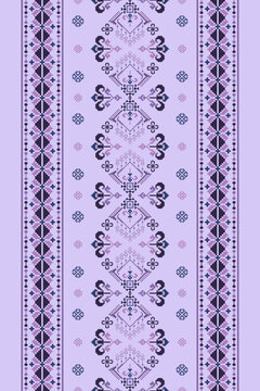 Traditional pixel ornamental border pattern with symmetrical geometric motifs in lavender, purple, and blue. Seamless decorative textile design for fabric, wallpaper, stationery, packaging, and digita