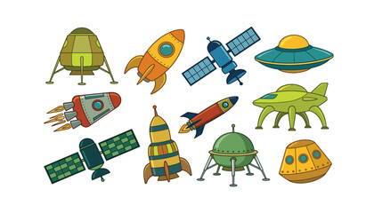 Cartoon space exploration vehicle vector collection . Rockets, satellites, UFO flying saucers, lunar landers, retro futuristic spaceships isolated on white background . © MEHERUL