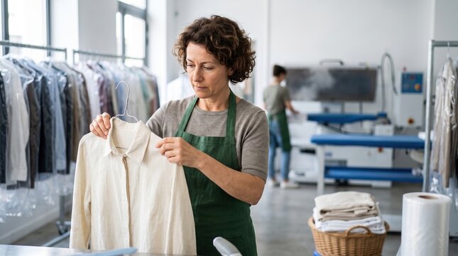 A woman wearing a green apron inspects a white shirt in a busy laundry dry cleaner shop.
