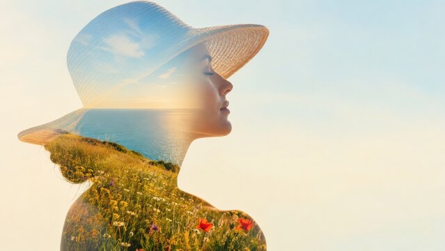 Profile of a woman in a straw hat overlaid with ocean and colorful flowers in nature.