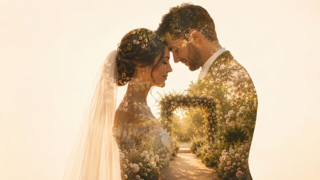 A beautiful bride and groom pose together as a wedding couple in a creative double exposure portrait.