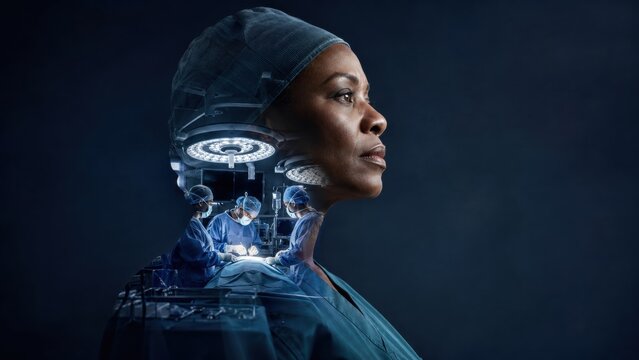 Surgeon doctor in an operating room during a medical double exposure procedure portrait.