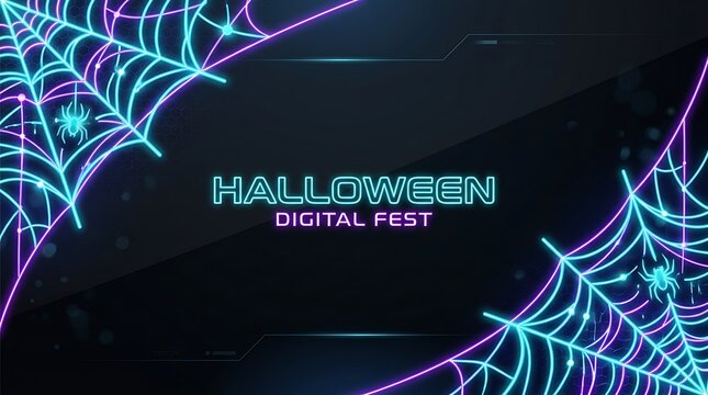 Neon halloween digital festival background with glowing spider webs and spiders