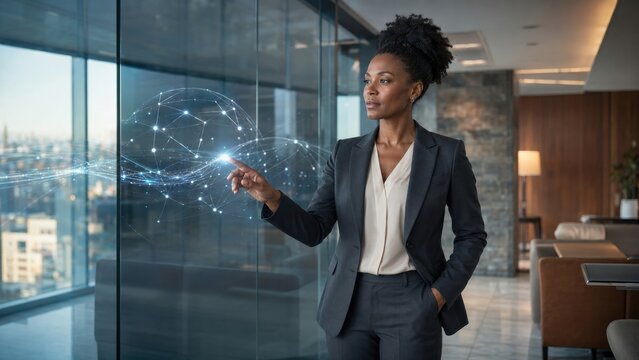 A confident businesswoman touching a glowing digital network interface inside a modern corporate office building.
