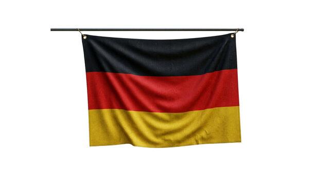 German flag hanging on a pole. National symbol of Germany isolated on white background.