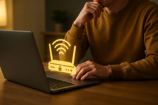 Man using laptop with secure wifi icon. Person connecting to protected wireless internet.