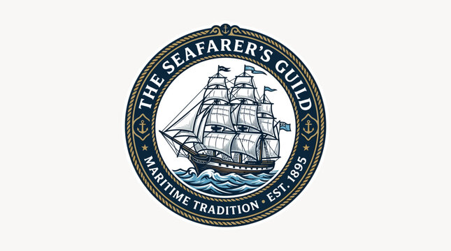 Vintage nautical emblem featuring a sailing ship.