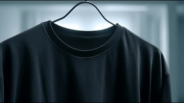 Close up of a plain black crew neck t-shirt hanging on a hanger