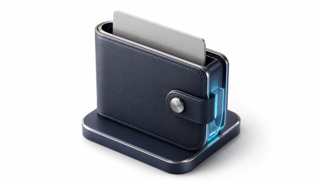 A blue leather wallet on a dock holding a silver card against a white background.