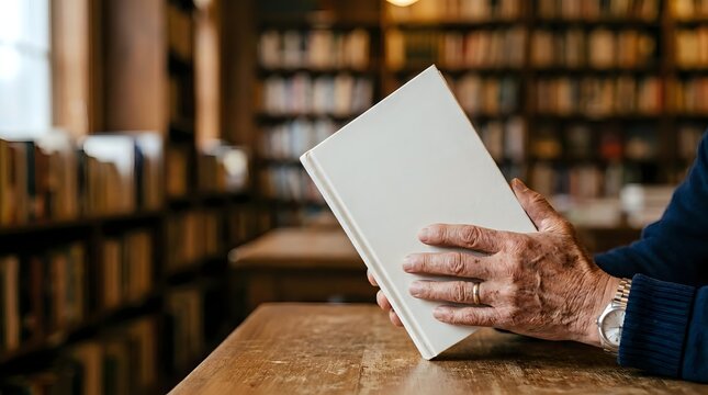 Senior man holding open book in library with wooden shelves and warm lighting, suitable for education, reading, and learning concepts.