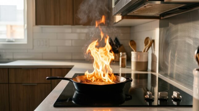 Kitchen oil fire in a frying pan. Dangerous grease flare-up on a home stove top.